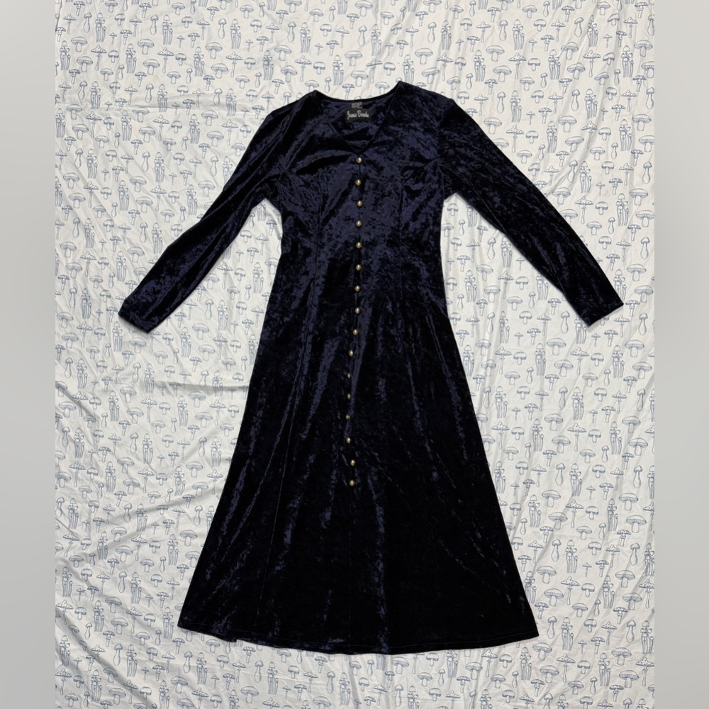 Vintage Navy Velvet Maxi Dress with Gold Buttons